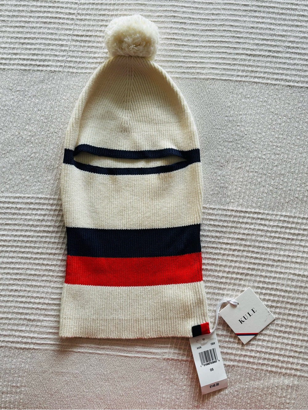 NWT KULE The Moritz Balaclava Knit Ski Mask Cream Navy Red Stripe Pom Pom OS